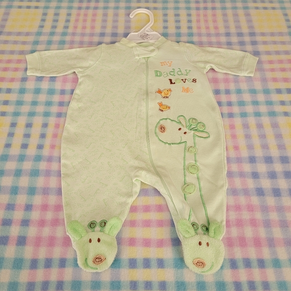 JUST BORN ♡ Green|Brown Giraffe Birdies MY DADDY LOVES ME Zip Footie Outfit 0-3M - Picture 5 of 15